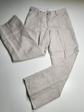Linen Blend Oatmeal Trousers Pleated Front Straight Leg Minimalist 6